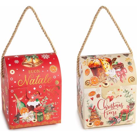 Scatole bauletto / scatola borsetta di Natale in carta colorata con manico in corda color oro e stampa dolcetti, set da 30 pezzi, cm 10 x 9 x 13 H