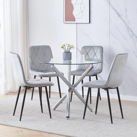 90x90 Round Table and Chairs, Round Glass Table with Chairs, Dining Table Set of 2/4 (Light Grey Rhombus Button, With 4 Chairs) (1/5)