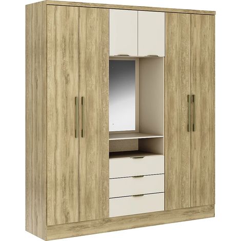 Armoire 6 portes et 3 tiroirs - Avec miroir - L180 cm - Coloris : Naturel et beige - ELORIO