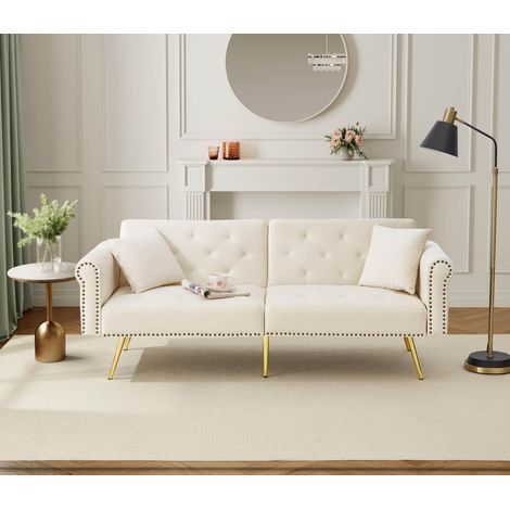 Zusatz-Schlafsofa 147x85 cm in beigem Velours, unabhängig 3-fach verstellbare Rückenlehne, goldfarbene Metallfüße (1/5)