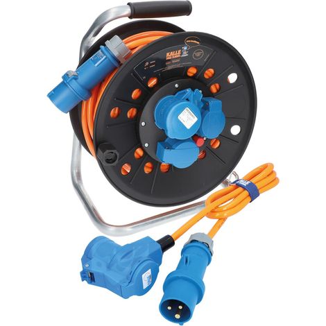 Kalle Campingkabeltrommel CEE 230V 16A 2,5mm² Extreme Signal Orange IP44  25 Meter im Set mit Anschlussleitung Winkel 1,5 Meter