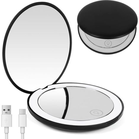Miroir de Maquillage de Voyage éclairé par LED - Grossissant 1x / 10x,Double Face LED Miroir de Poche Lumineux, Compact et Portable pour Voyage, Petit Miroir Portable de Maquillage(Noir) (1/4)