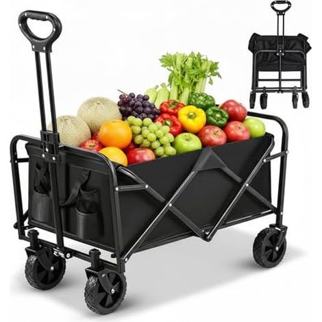 Chariot de Transport Pliable, 113L, Charge 120 kg Chariot de Plage Pliable, 4 Roues Tout Terrain Détachables, Poignée Télescopique, Pliage Compact pour Jardin, Courses, Plage, Pique-Nique, Extérieures (1/5)