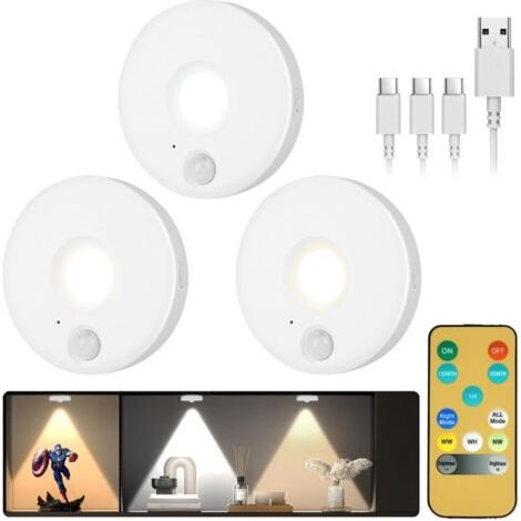 Veilleuses avec Détecteur de Mouvement, Lot de 3 Veilleuse LED Rechargeable 3 Modes Eclairage, Lampe Détecteur de Mouvement Interieur, Télécommande, pour Armoire, Escaliers, Placard, Cuisine (1/5)