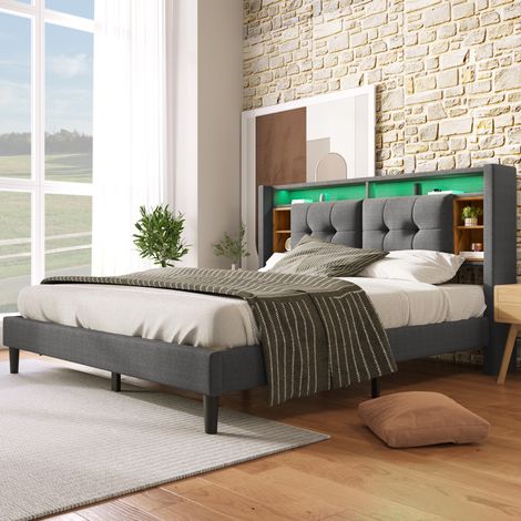 Polsterbett 160/200 cm grau aus Massivholz, Leinen und Metall mit Stauraum-Kopfteil, USB und LED (1/5)