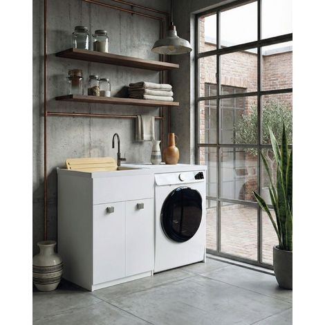 Mobile coprilavatrice Pulsa Dx - Con 2 anta e lavatoio - Contenitore salvaspazio per bagno e lavanderia - Lavatrice non inclusa - Bianco - 124x93x60 cm (1/3)