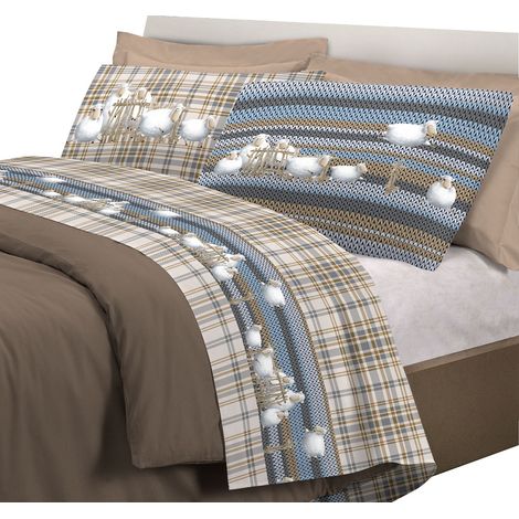 Completo letto lenzuola, stampa tirolese, fantasia Pecorelle Federe con stampa da entrambi i lati Singolo - Beige (1/3)