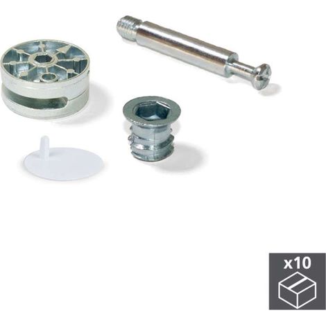 Emuca Lotto di 10 eccentrici diametro 35 mm con perno, bussola M8 e copertura in Tecnoplastica Bianca, per pannelli da 20 mm, Zama e Acciaio