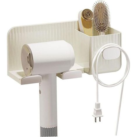 Support de sèche-cheveux support mural auto-adhésif pour outils de cheveux avec crochet de câble et boîtes de rangement support de sèche-cheveux multifonction pour accessoires de salle de bain(Blanc) (1/5)