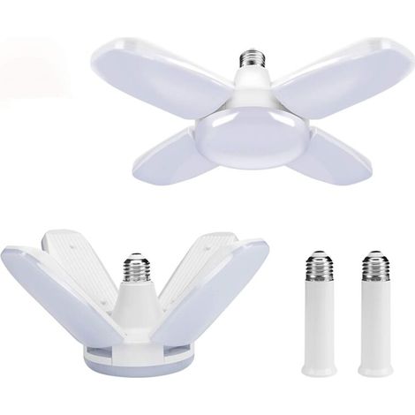 Paquete de 2 luces LED de garaje, 60 W, E27, 6000 K, lámpara de taller deformable con 4 paneles ajustables, luz de techo LED para garaje, taller, almacén, sótano, gimnasio y cocina (blanco frío). (1/4)