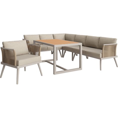 Ensemble de salon de jardin modulable pour 7 personnes avec coussins, structure en fer et table basse en bois - gris et beige (1/5)