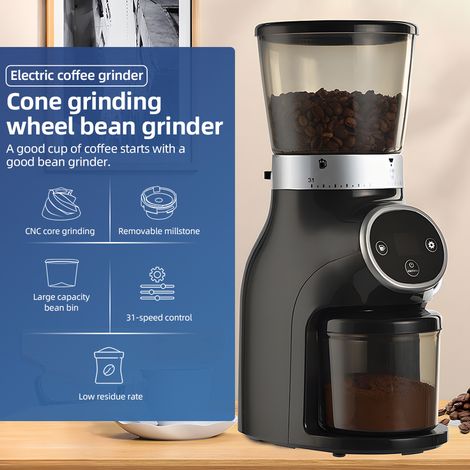 Macinacaffè elettrico - Macinacaffè conico con 31 impostazioni di macinatura - Capacità 275 g - Display LCD - Acciaio inossidabile - Nero - per caffè espresso e caffè filtro (1/4)