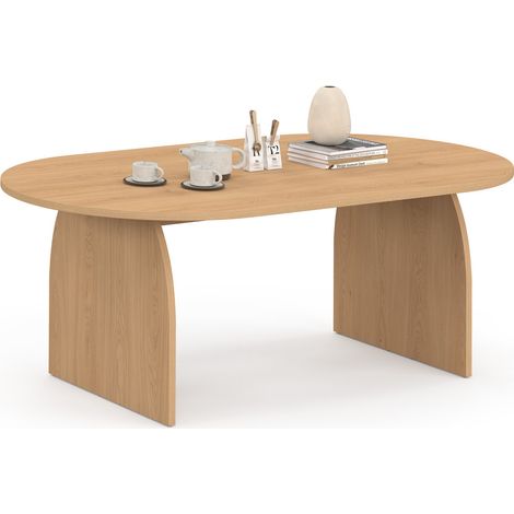 Idmarket – Table basse ovale 110 cm – Panneaux de particules bois effet hêtre – Pied central design scandinave – Largeur 60 cm – Hauteur 40 cm