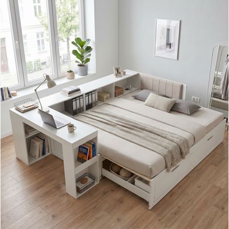 Letto matrimoniale 180x200 cm con scrivania integrata, legno e MDF bianco - CHICFURN (1/5)