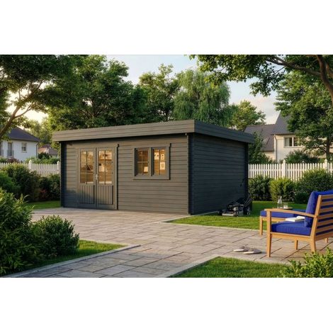 Alpholz – Abri de jardin bois Camargue B gris 28 mm – Dimensions 520 x 420 cm – Toit plat en bois massif – Double porte vitrée – Fenêtre ouvrante (1/5)