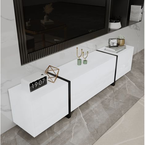 Meuble tv rangement 170 cm blanc noir brillant design OKMYHOME (1/5)