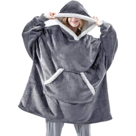 NOLUXA Sweat à Capuche Couverture Pull Capuchon Sherpa Peluche à Manches TV Plaid Couvertures Adulte Femme Homme Unisexe（Gris） (1/5)