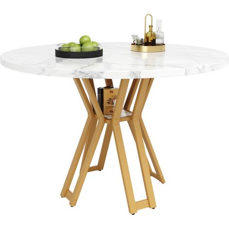 Table à manger ronde- 100x100x76 cm- 4 à 6 personnes- Plateau MDF+Metal- Salle a manger,Salon- Dore et blanc (1/5)