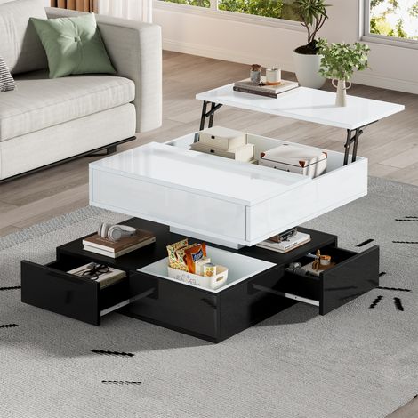 DESMIU Table basse 3 tiroirs, plateau pivotant et relevable avec rangement, pour salon, 70 × 70 × 40 cm (1/5)