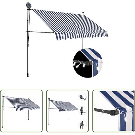 Handbetriebene Markise -  Einziehbare Markise Handbetrieben mit LED 300 cm Blau und Weiß (1/5)