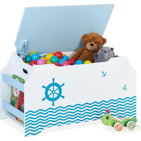 Relaxdays Cassapanca Organizer, Portagiochi per Cameretta, Coperchio, Scomparti per Libri, HLP 46x84x42,5 cm, Bianco Blu