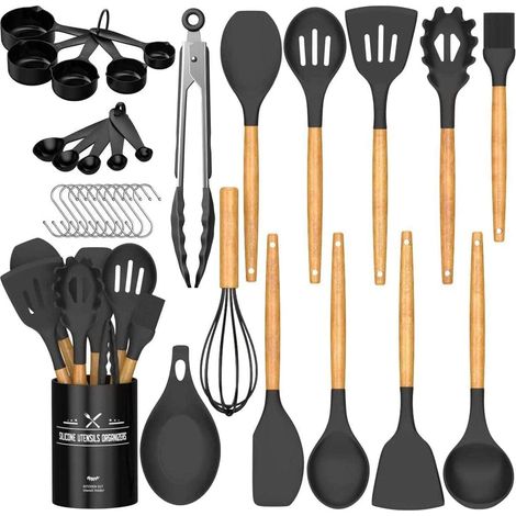 Set d'ustensiles de cuisine 24 pièces en silicone avec manches en bois et support