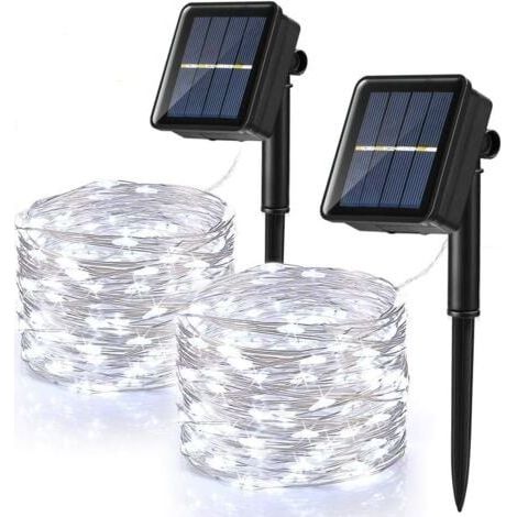 Aiperq [Lot de 2] Guirlande Lumineuse Exterieur Solaire, 120 LED Guirlande Guinguette Solaire Étanche 12M 8 Modes Fil de Cuivre Guirlande pour Jardin Terrasse Mariage Noël Fête, Blanc Froid (1/4)