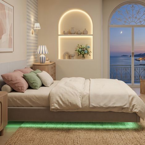 Lit double capitonné 140x190 cm, cadre de lit suspendu avec éclairage LED, design moderne, sans tête de lit, lin beige (1/5)