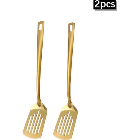 Ensemble d'ustensiles de cuisine en acier inoxydable (2 spatules carrées), louche dorée, écumoire, louche à fondue. (1/5)