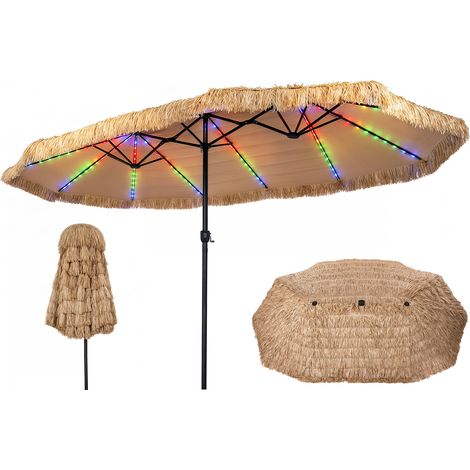 Parasol Double Tropical en Paille 4,5x2,7m avec Lumière, Parasol de Plage Lumineux XXL avec Manivelle Lisse, 12 Baleines&Goupille Réglable (1/4)