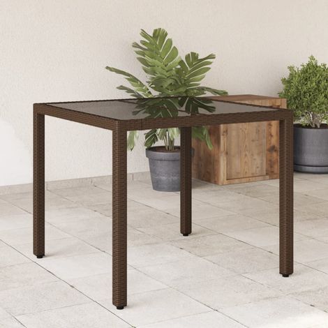 Garden Table with Glass Top Brown 90x90x75 cm Poly Rattan vidaXL
