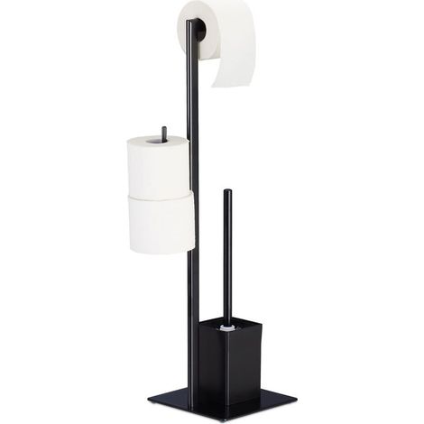 Porte-papier toilette avec brosse WC Acier noir Dimensions H 72 cm x L 25 cm x P 20 cm Set autonome sans fixation murale (1/5)