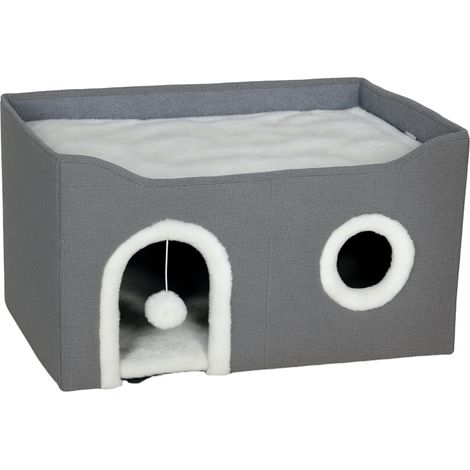Chat pour chat pliable avec griffoir 3 entrées boule suspendue coussin réversible peluche et lin 60x40x34 cm gris