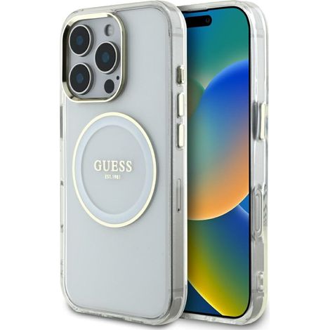 Custodia Guess IML con cerchio in metallo colorato e logo classico MagSafe per iPhone 16 Pro, colore bianco (1/5)