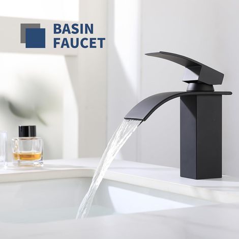 Robinet de lavabo de salle de bain, robinet de lavabo à trou unique, en acier inoxydable 304, robinet cascade noir (1/5)