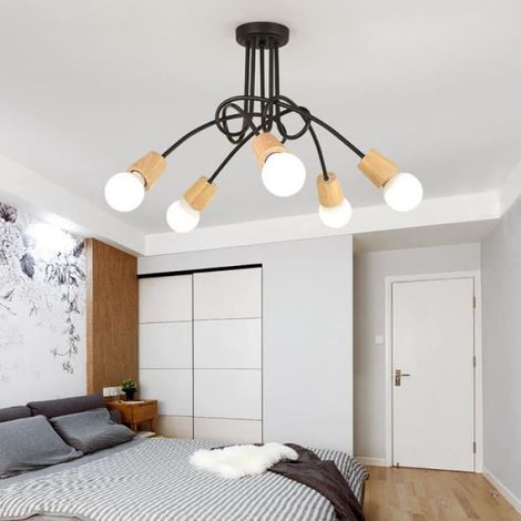SNO Moderne 5-flammige Deckenleuchte, Vintage-Industrie-Deckenleuchte aus schwarzem Metall und Holz, E27-Fassung für Wohn-/Schlafzimmer (1/4)