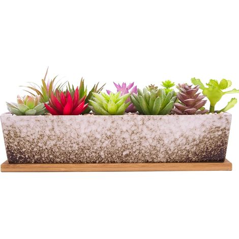 Grand Pot de Fleurs rectangulaire en céramique de 30,5 cm avec Plateau de Drainage, pour Cactus d'intérieur, Plantes succulentes, bonsaï Peu Profond, décoration de Jardin (Blanc) (1/5)