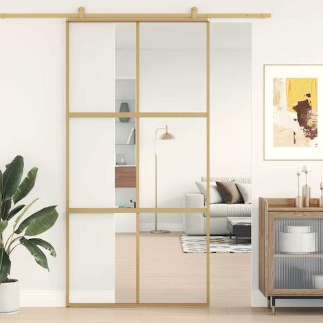 Porte coulissante dorée 102,5 x 205 cm, verre de sécurité trempé et aluminium