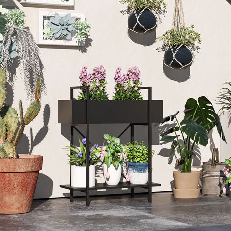 Scaffale per piante a 2 livelli in metallo nero 60 x 25 x 70 cm OKMYHOME (1/5)
