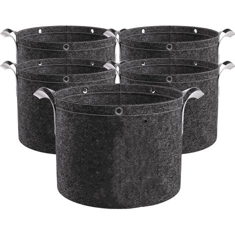 Set mit 5 Pflanzsäcken à 40 Liter, Vliesstoff-Pflanzsäcke, Stofftöpfe mit Griffen und Mehrzweckringen (1/5)