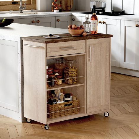 Étagère, en bois, avec tiroir, avec porte, chêne, 90 x 62 x 90 cm, pour cuisine et salle à manger, tiroir placard étagères