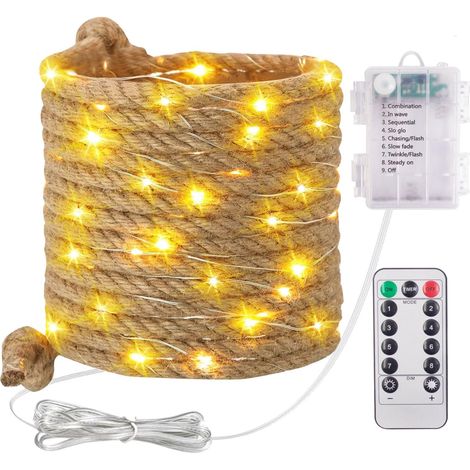 Guirlande lumineuse d'extérieur - Corde de chanvre - 7 m - 150 LED - Fonctionne avec piles - Résistante aux intempéries - Blanc chaud - Pour chambre d'enfant, fête (1/5)
