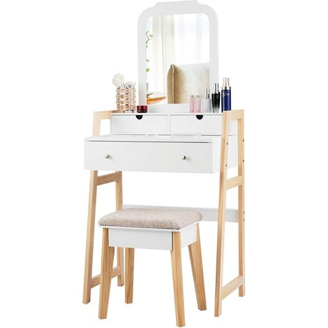 Set di Tavolo da Toeletta, Tavolo da Trucco con Sgabello e Specchio, 3 Cassetti, Bianco Stile Minimalista Moderno (1/5)
