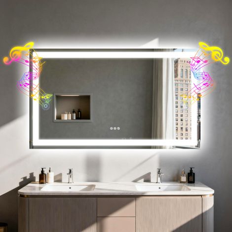 LUVODI Bathroom Vanity Mirror with Lights and Bluetooth Speaker Makeup Mirror Dimmable, 70 x 120cm