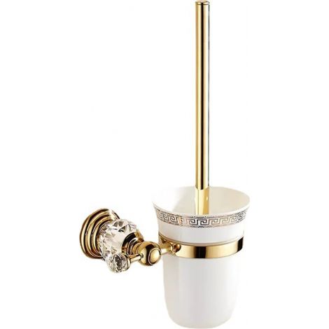 Toilettenbürstenhalter aus Metall mit poliertem Glas und Toilettengarnitur. Goldfarbenes Designer-Toilettenzubehör. Wandmontage und fertig