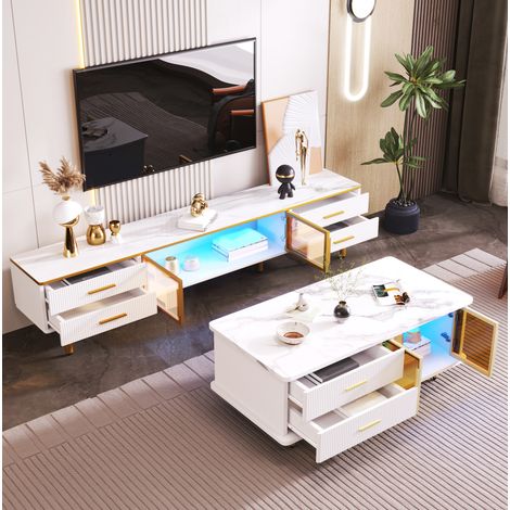 Couchtisch, TV-Schrank, modulare Wohnzimmermöbel, Tür aus gehärtetem Glas, Rahmen aus Aluminiumlegierung, Schubladen mit Wellenstruktur, goldene Griffe und Beine, Tischplatte mit Marmorstruktur. (1/5)