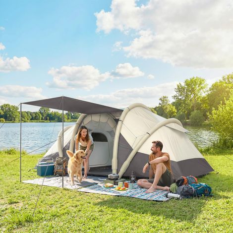 Tente gonflable camping 2-4 personnes et séjour imperméable gris avec pompe 2 chambres 3000mm 485x245x188cm conception robuste
