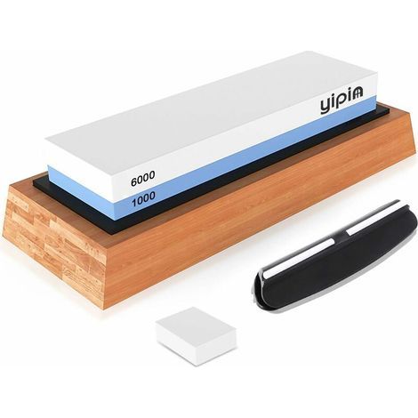 Pierre à Aiiser,Aiiseur Couteaux, Pierre d’Affûtage, 2 in 1 1000/6000 Grit Pierre à Affûter avec Base en Bambou, Support en Silicone antidérapante, ide d'angle,Pierre à Aplatiret (1/5)