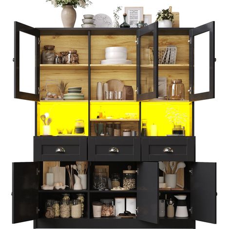 Buffet haut de cuisine Noir,meuble moderne avec LED,avec 6 portes,3 tiroirs,140x40x175cm,cuisine,salon (1/5)