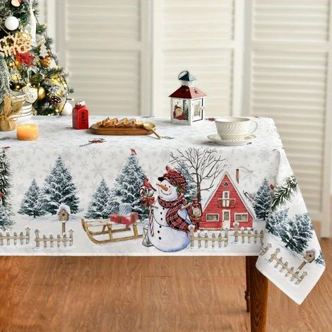 Nappe de Noël en polyester, 1 pièce de nappe de Noël en polyester blanc rectangulaire tissée mécaniquement, design maison de neige de Noël et arbre de (1/5)